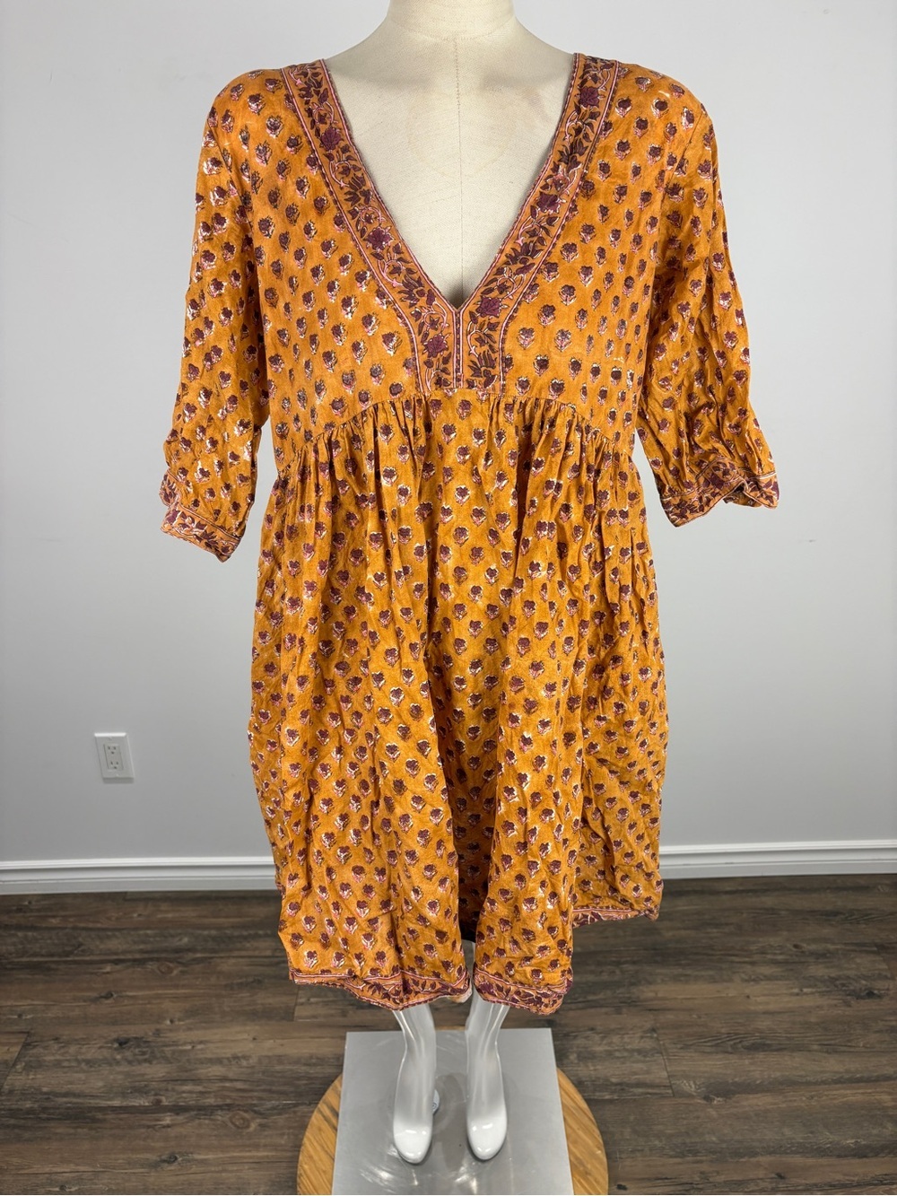 The Fox and The Mermaid Cotton Boho Block Print Mustard Orange Mini Dress L